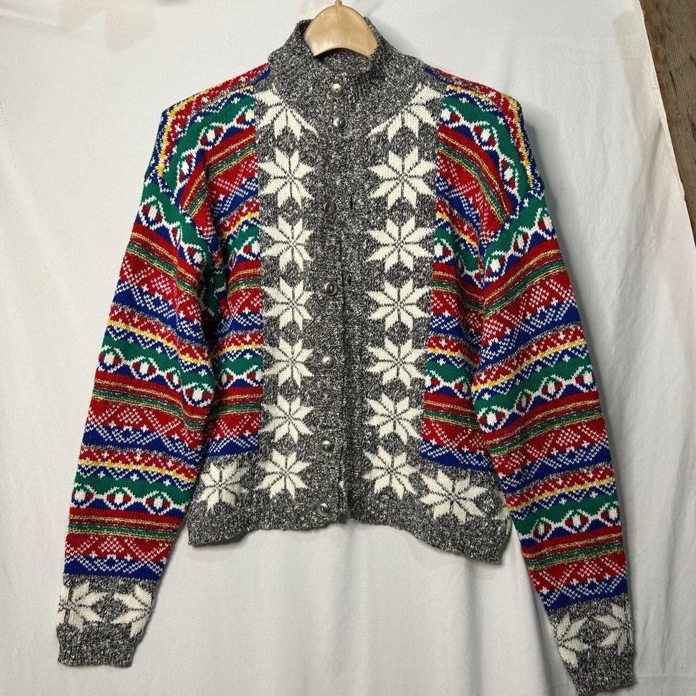 Vintage Lizwear Fair Isle Snowflake Cardigan Sweater Multi Color Mock Neck L - Picture 2 of 5